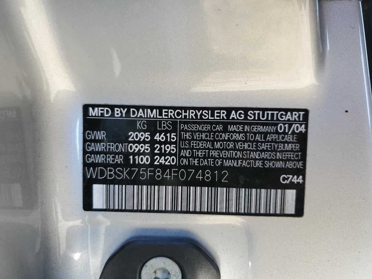 2004 Mercedes-Benz Sl 500 VIN: WDBSK75F84F074812 Lot: 82236855