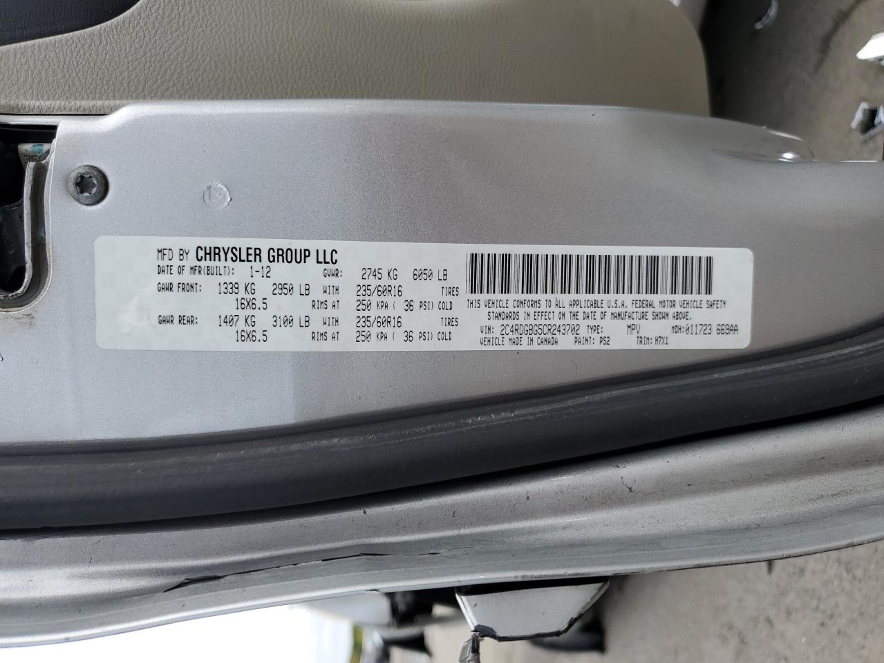 2012 Dodge Grand Caravan Se VIN: 2C4RDGBG5CR243702 Lot: 82332525