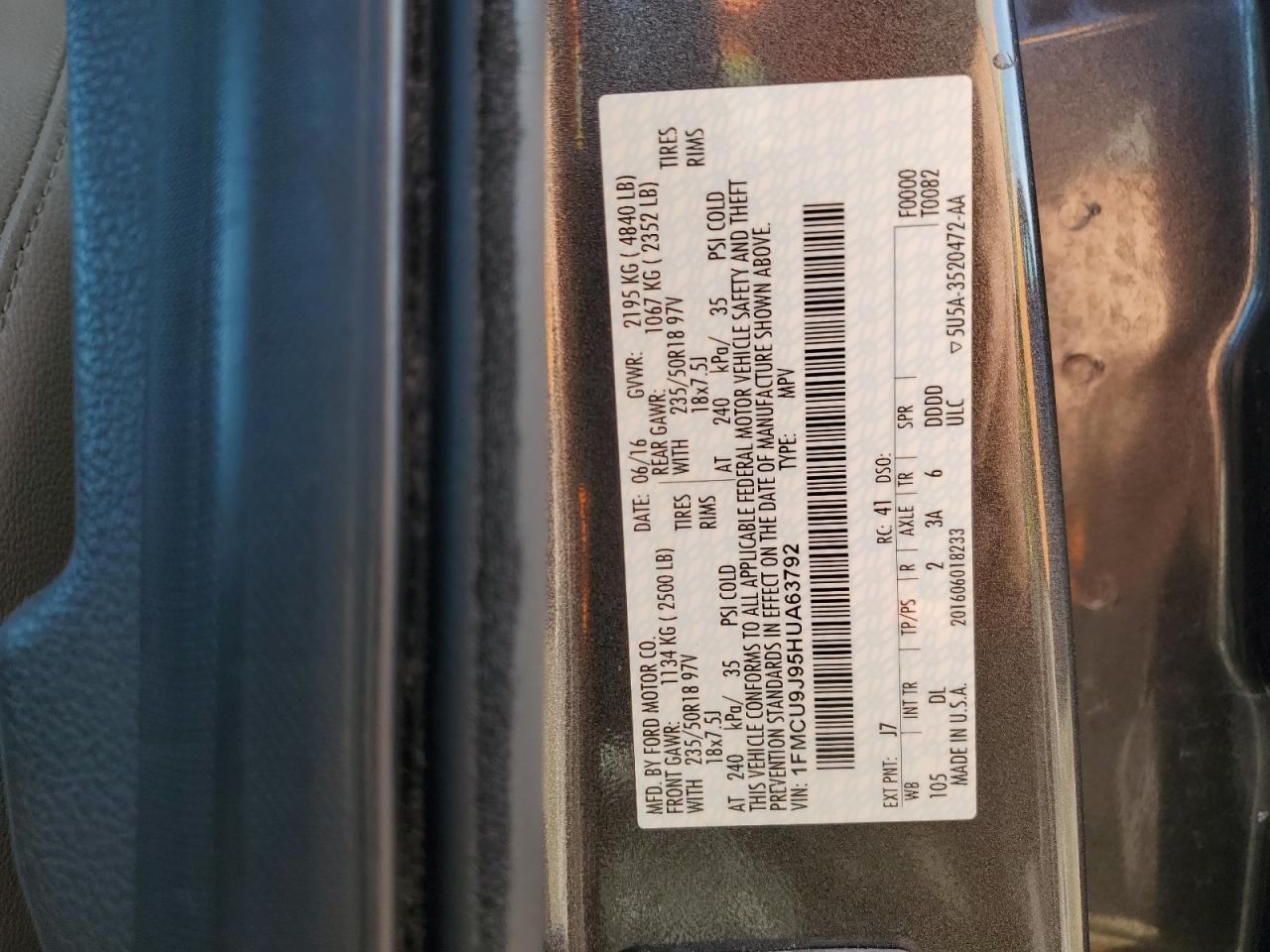 2017 Ford Escape Titanium VIN: 1FMCU9J95HUA63792 Lot: 87097625