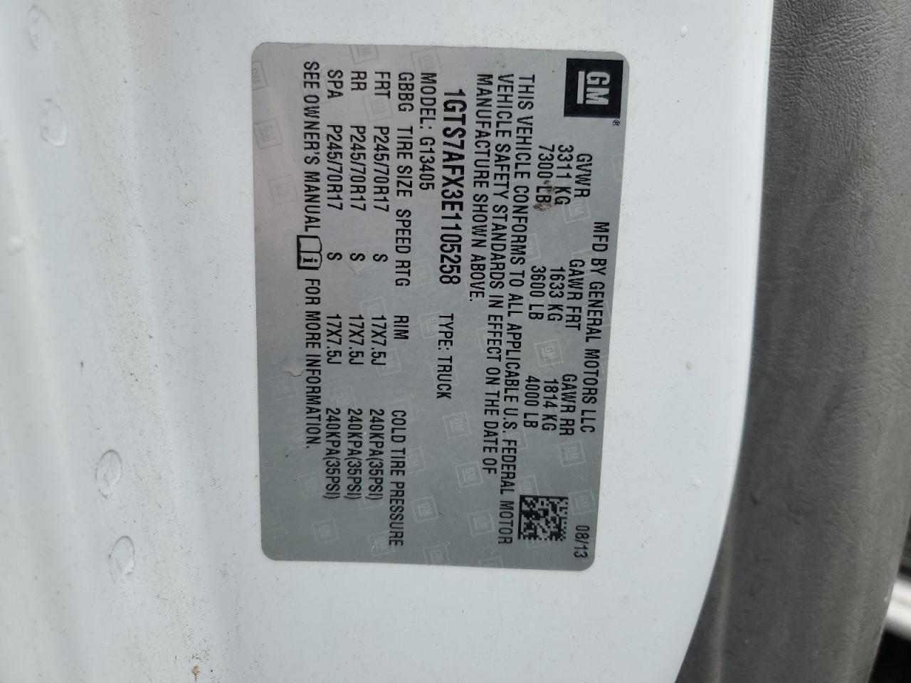 2014 GMC Savana G1500 VIN: 1GTS7AFX3E1105258 Lot: 81803235