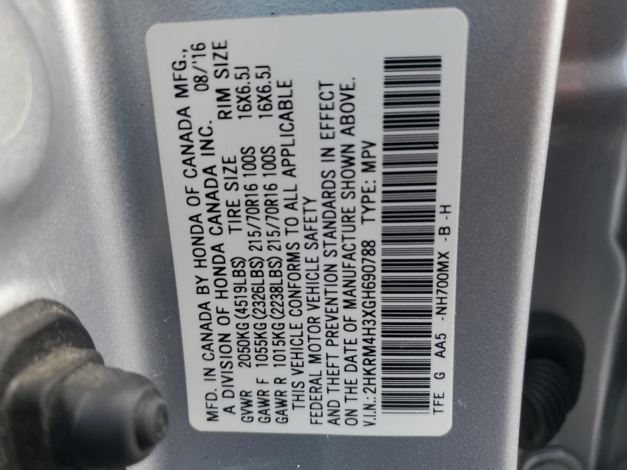 2016 Honda Cr-V Lx VIN: 2HKRM4H3XGH690788 Lot: 82458305