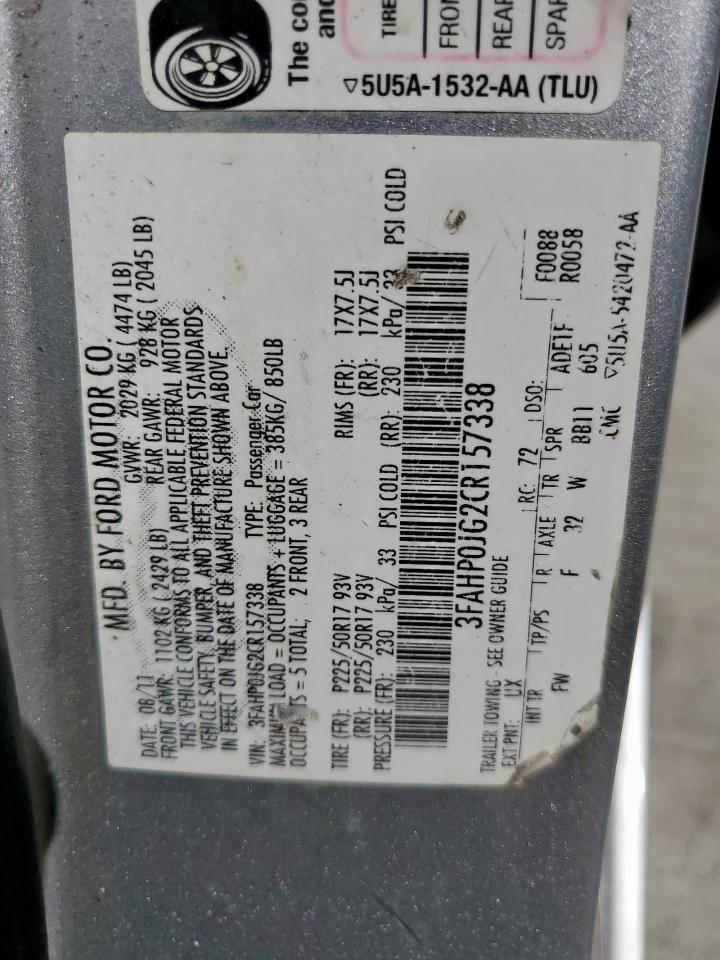 2012 Ford Fusion Sel VIN: 3FAHP0JG2CR157338 Lot: 81889385