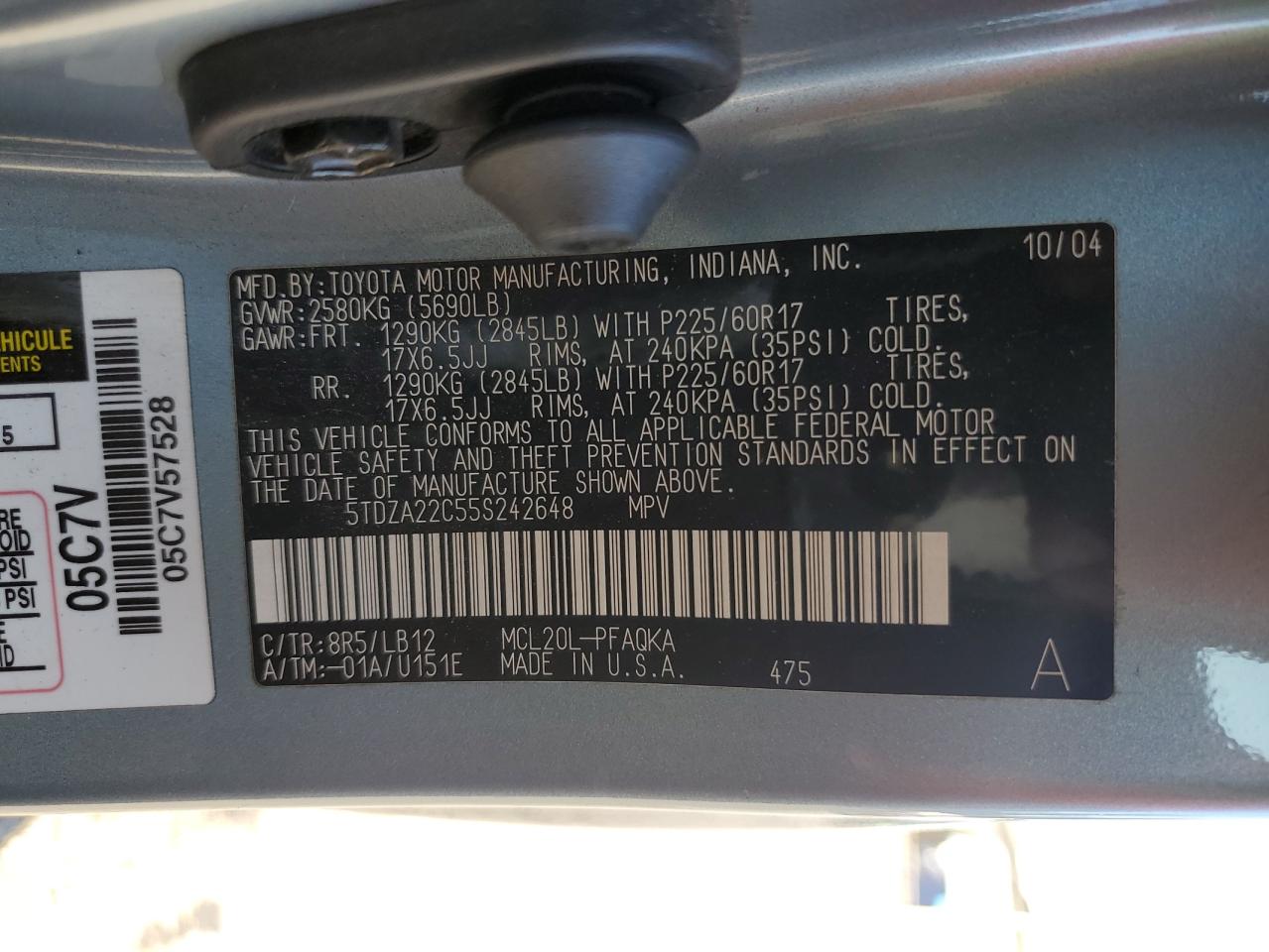 2005 Toyota Sienna Xle VIN: 5TDZA22C55S242648 Lot: 86891085