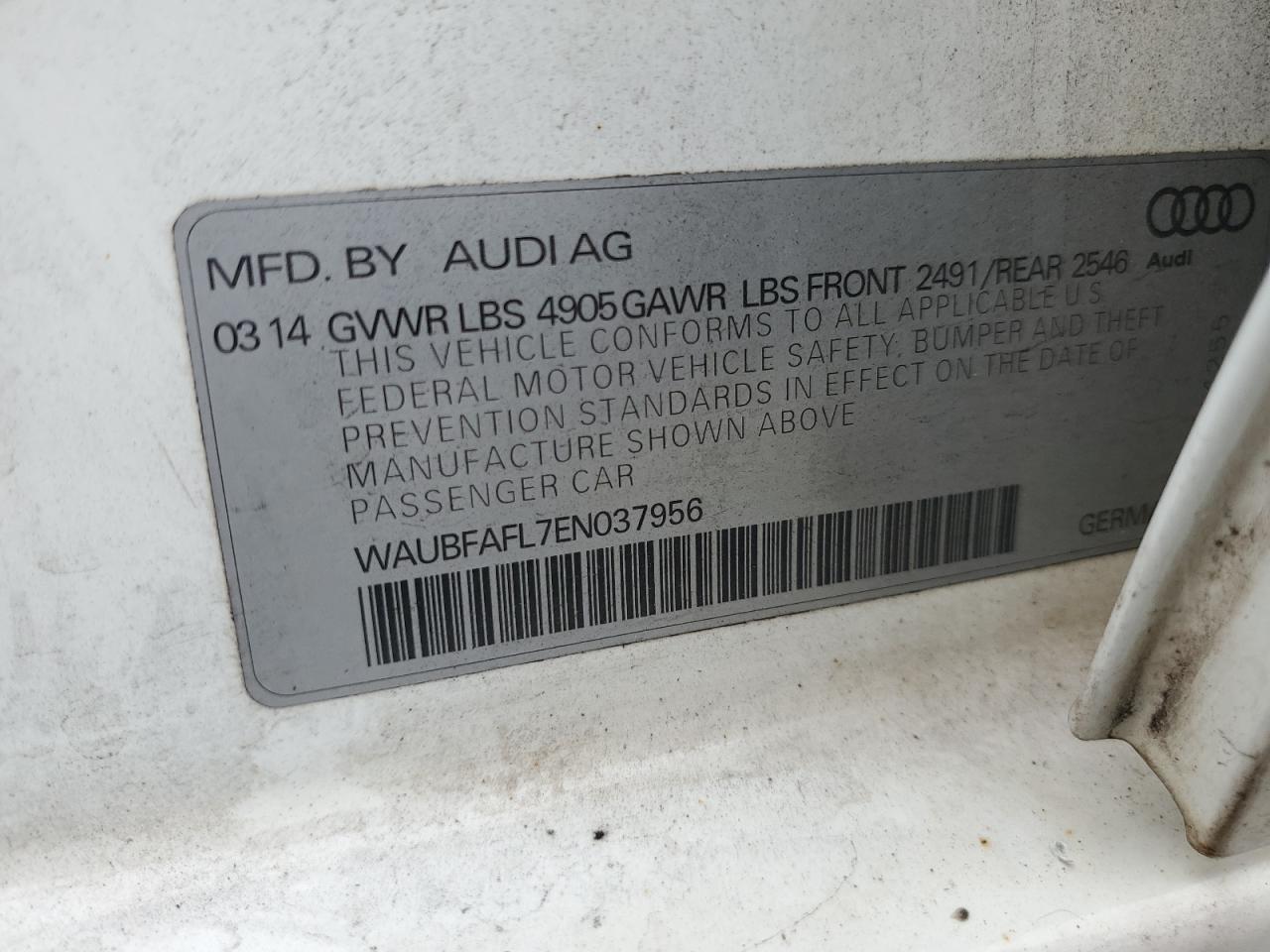 2014 Audi A4 Premium VIN: WAUBFAFL7EN037956 Lot: 90482455