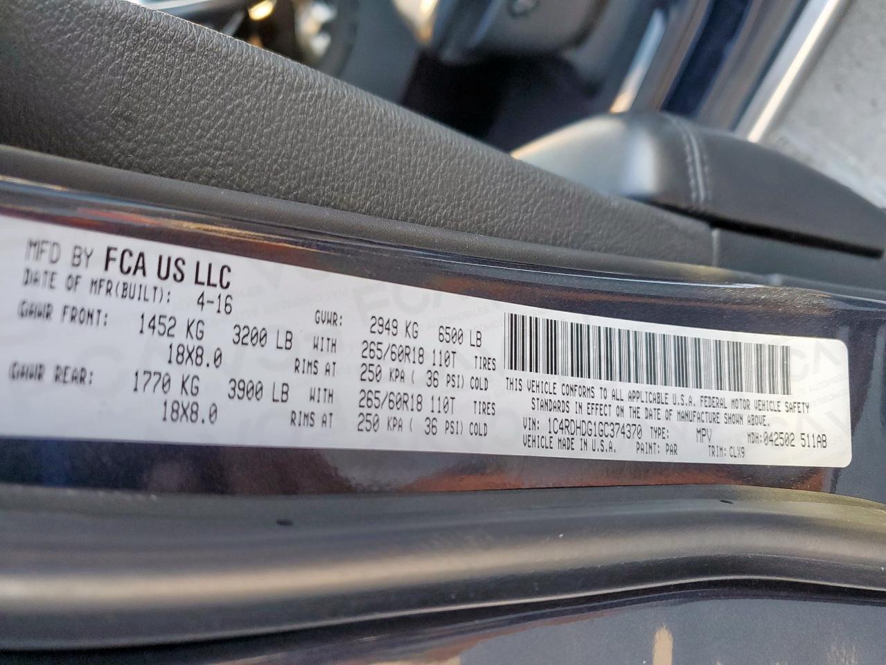 2016 Dodge Durango Limited VIN: 1C4RDHDG1GC374370 Lot: 90743045