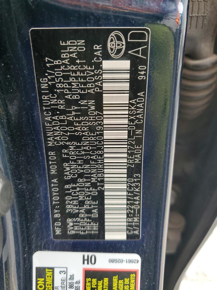 2018 Toyota Corolla L VIN: 2T1BURHE8JC019307 Lot: 86473325