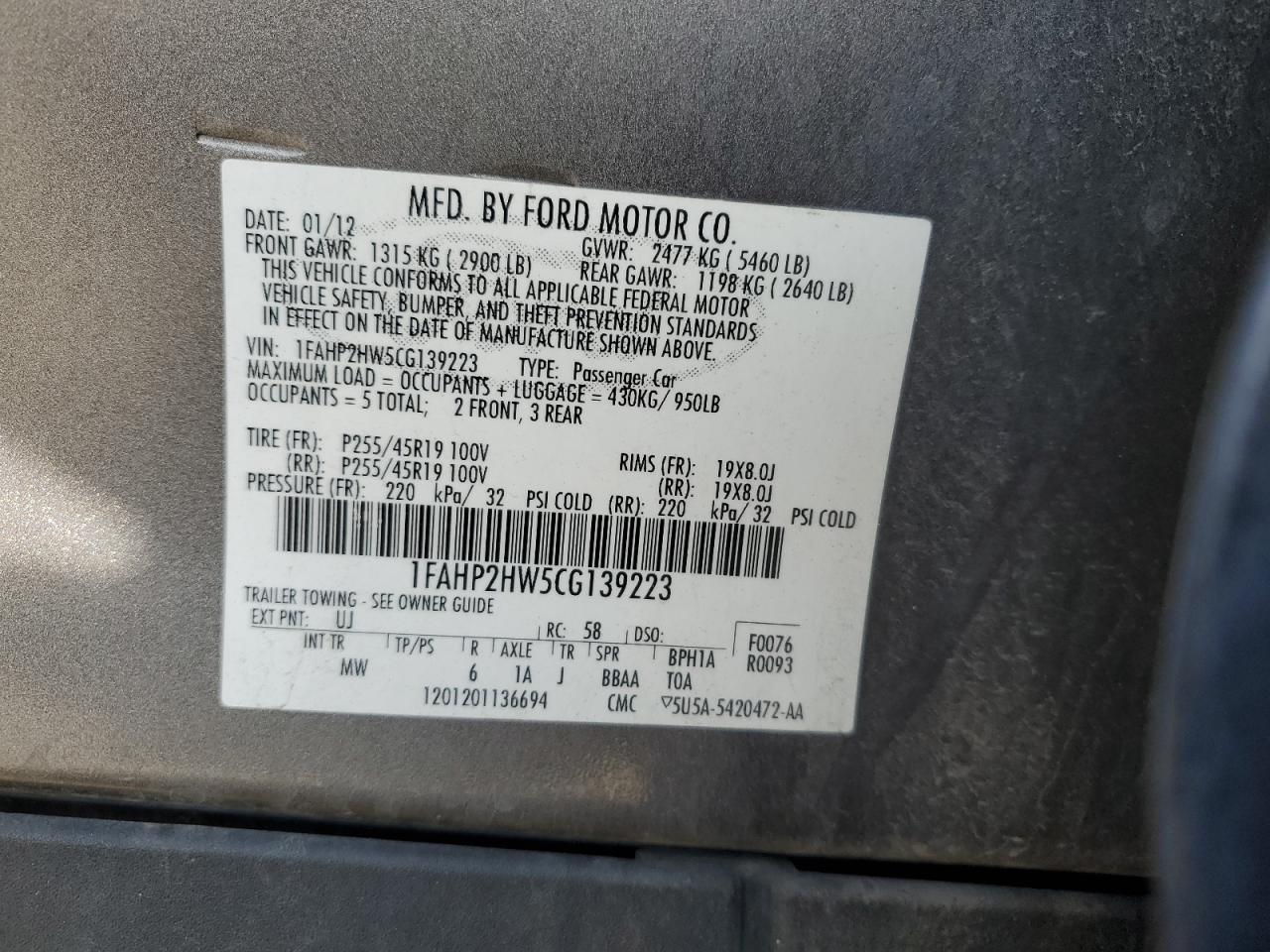 2012 Ford Taurus Sel VIN: 1FAHP2HW5CG139223 Lot: 89887355