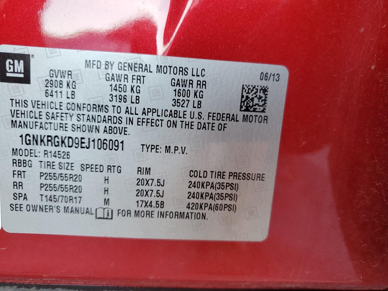 2014 Chevrolet Traverse Lt VIN: 1GNKRGKD9EJ106091 Lot: 90947665