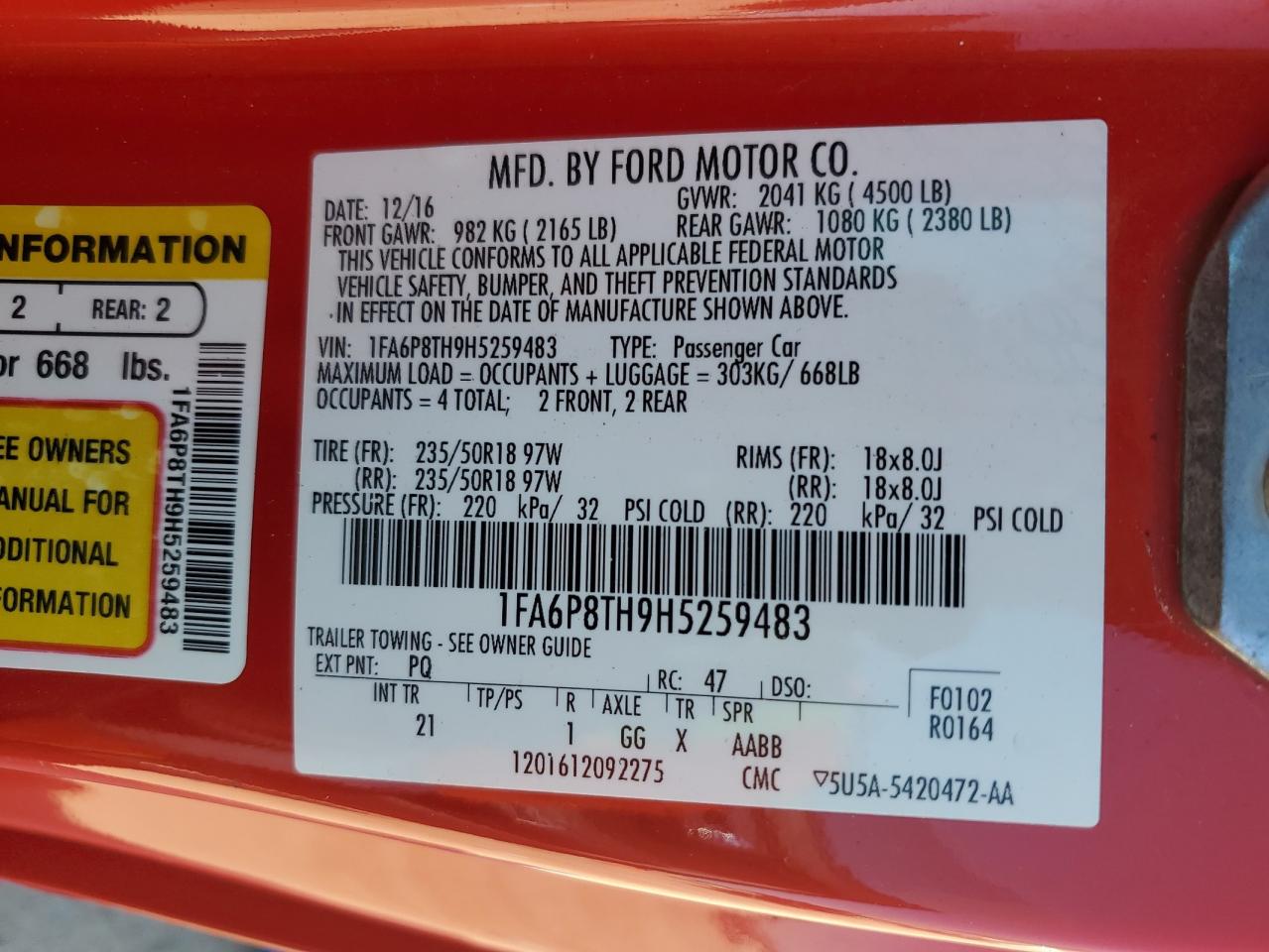 2017 Ford Mustang VIN: 1FA6P8TH9H5259483 Lot: 86876655