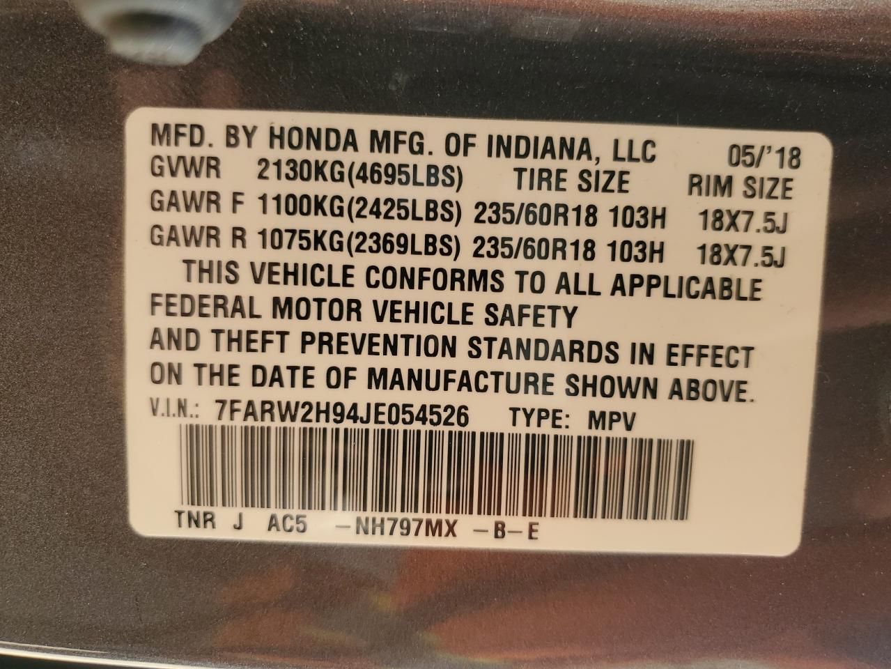 2018 Honda Cr-V Touring VIN: 7FARW2H94JE054526 Lot: 84706965