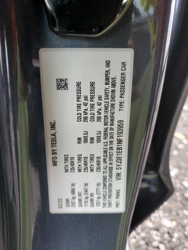 2022 Tesla Model 3 VIN: 5YJ3E1EB1NF193959 Lot: 84721305