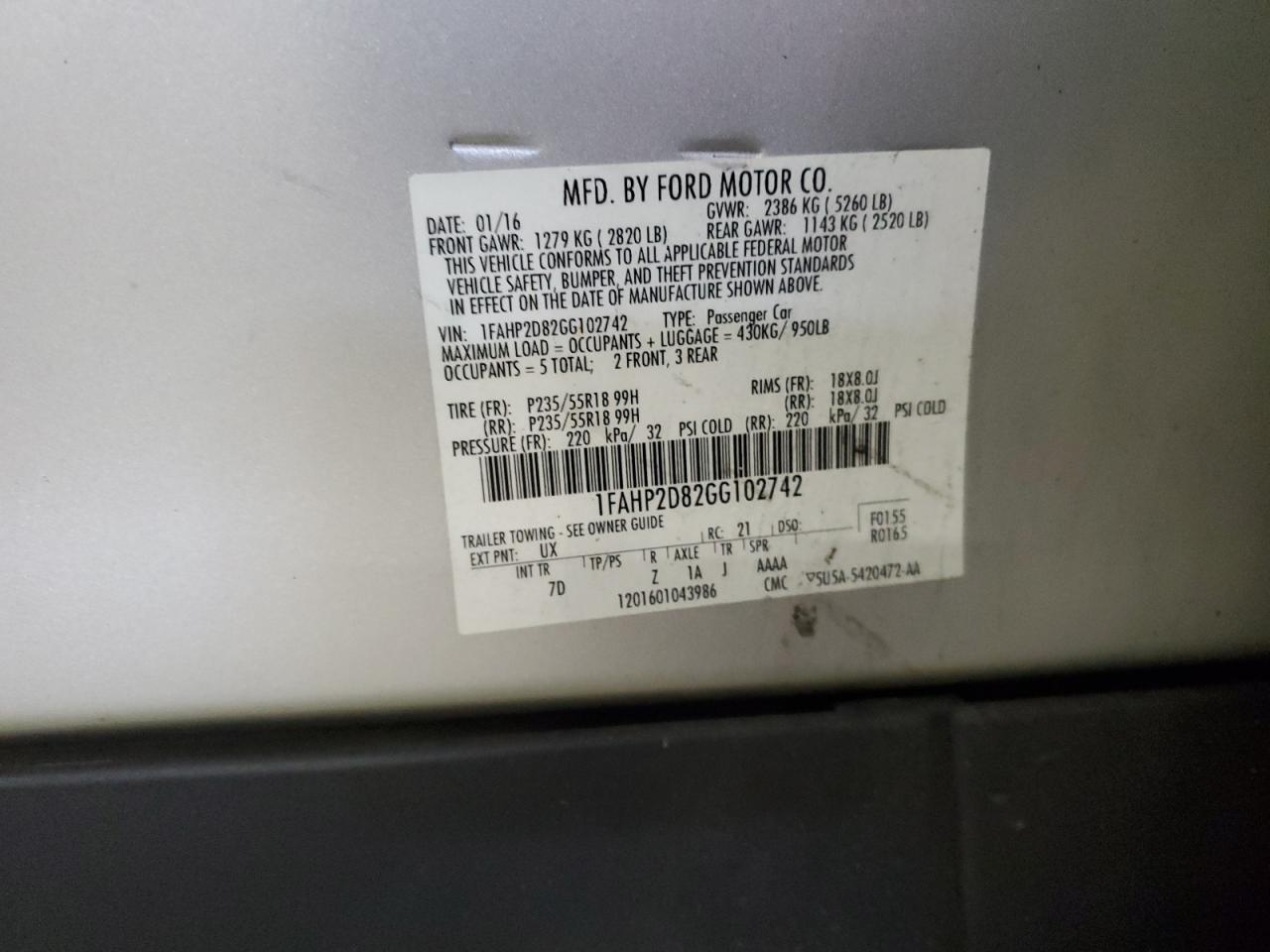 2016 Ford Taurus Se VIN: 1FAHP2D82GG102742 Lot: 90435725