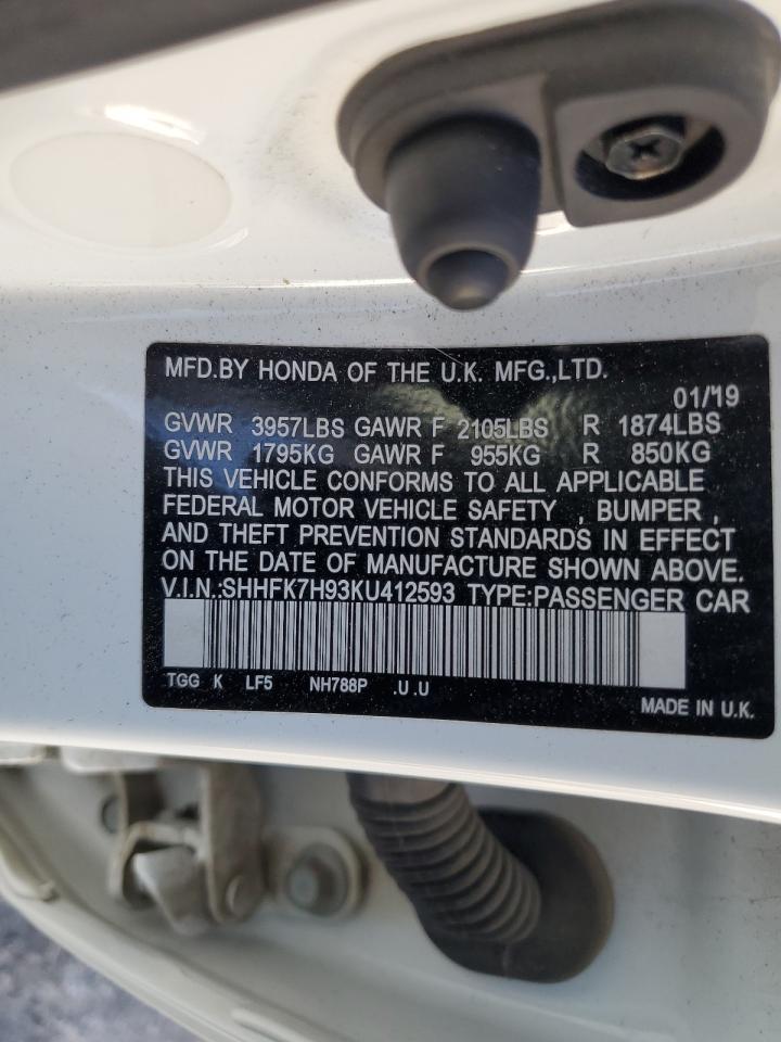 2019 Honda Civic Sport Touring VIN: SHHFK7H93KU412593 Lot: 84068665