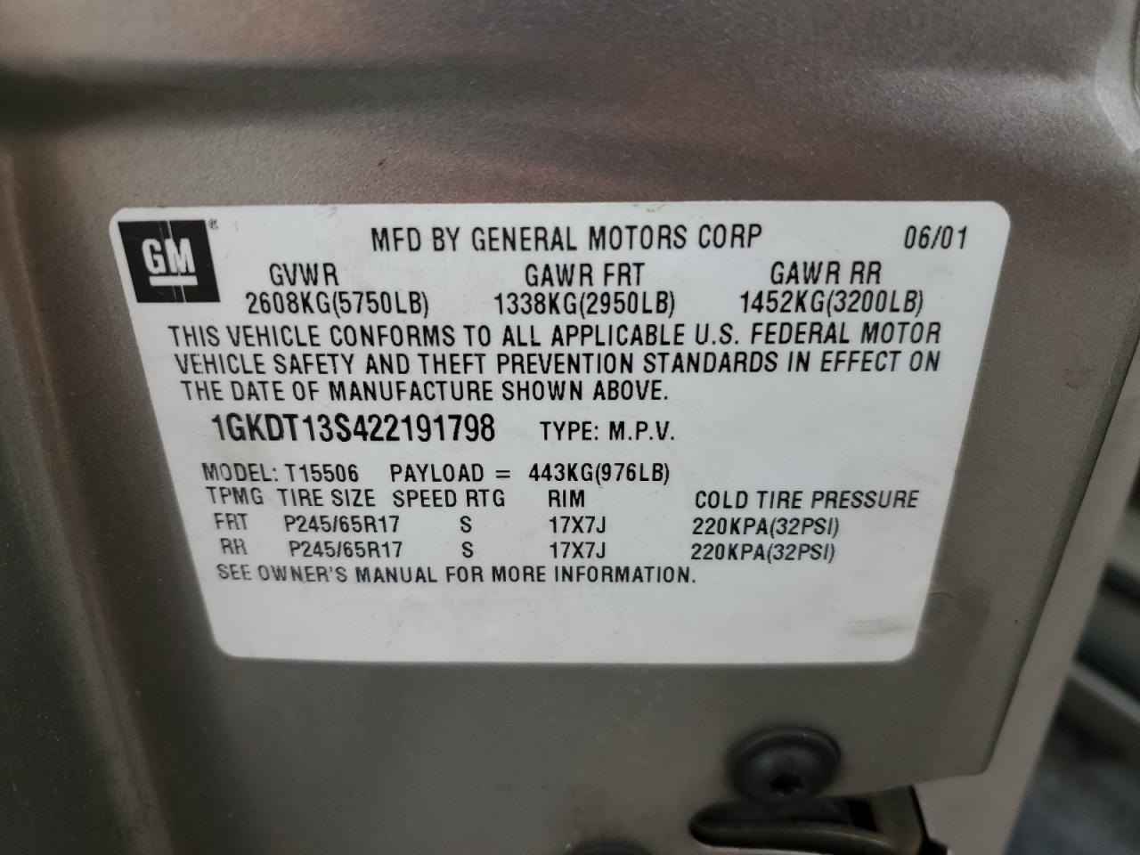 2002 GMC Envoy VIN: 1GKDT13S422191798 Lot: 86117975