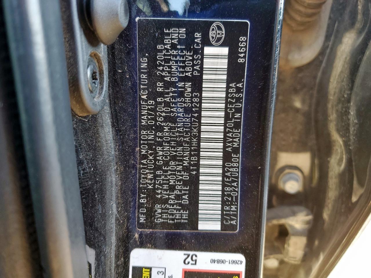 2019 Toyota Camry L VIN: 4T1B11HK3KU741283 Lot: 84660765