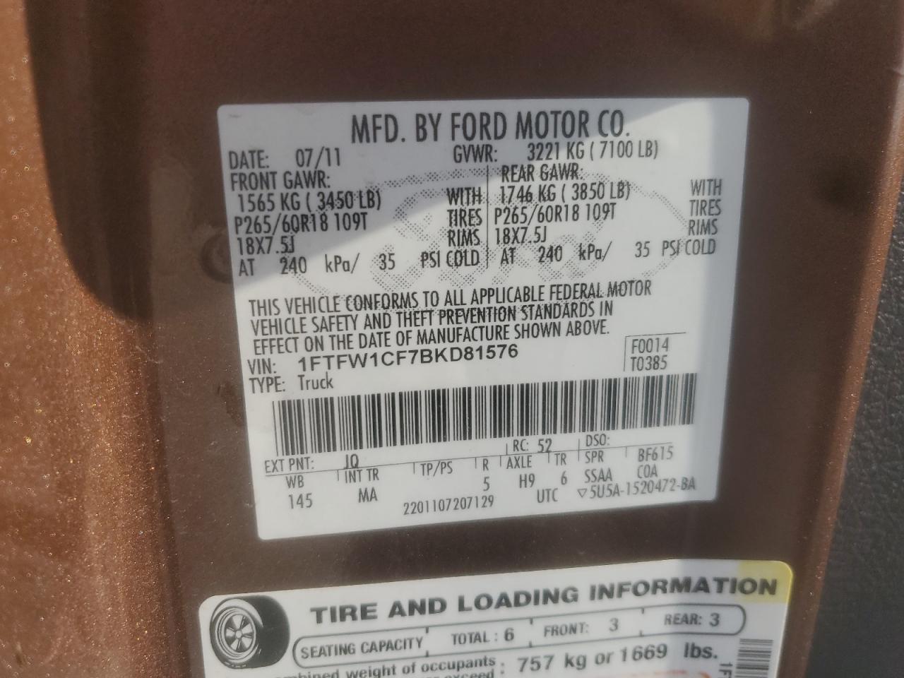 2011 Ford F150 Supercrew VIN: 1FTFW1CF7BKD81576 Lot: 82174495