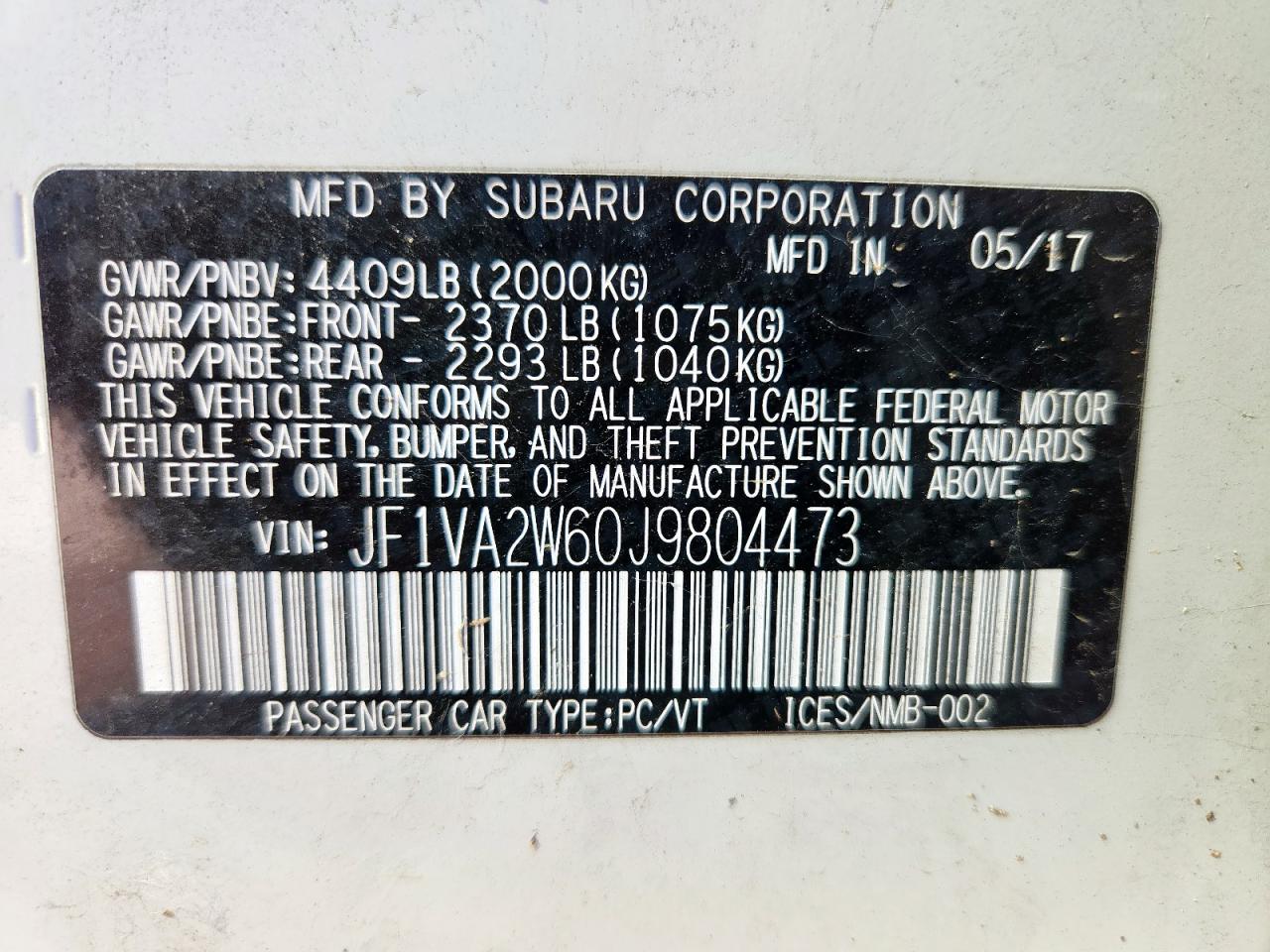 2018 Subaru Wrx Sti Limited VIN: JF1VA2W60J9804473 Lot: 86443535