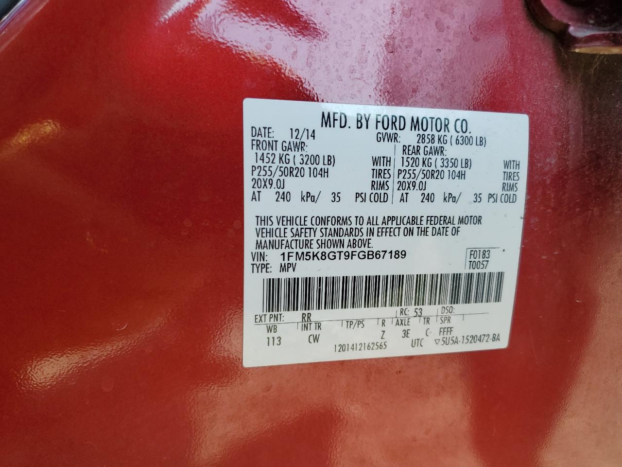 2015 Ford Explorer Sport VIN: 1FM5K8GT9FGB67189 Lot: 85147165