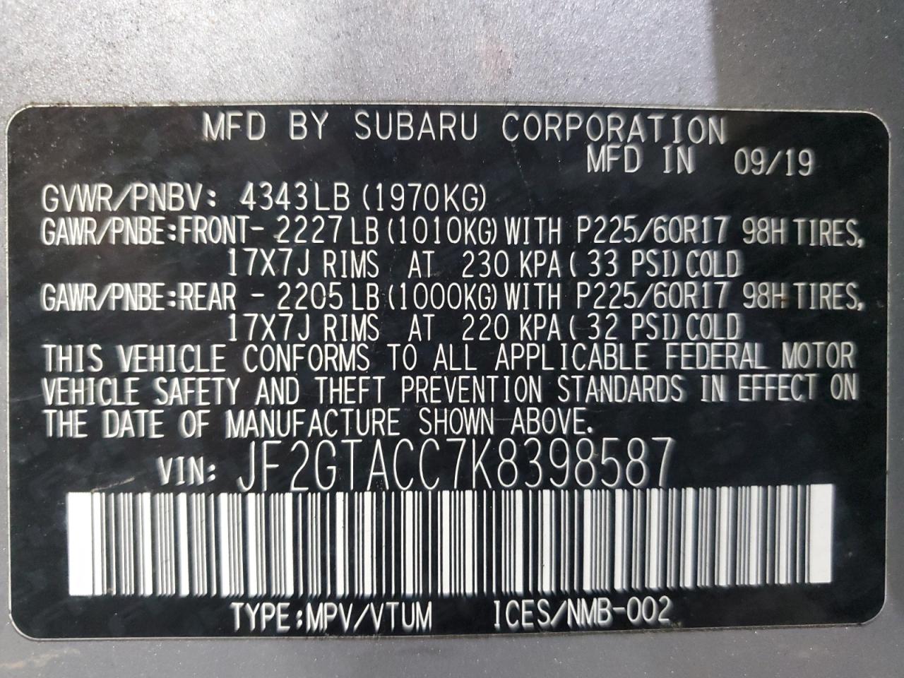 2019 Subaru Crosstrek Premium VIN: JF2GTACC7K8398587 Lot: 84168715