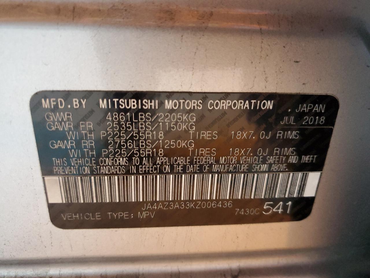 2019 Mitsubishi Outlander Se VIN: JA4AZ3A33KZ006436 Lot: 82575085