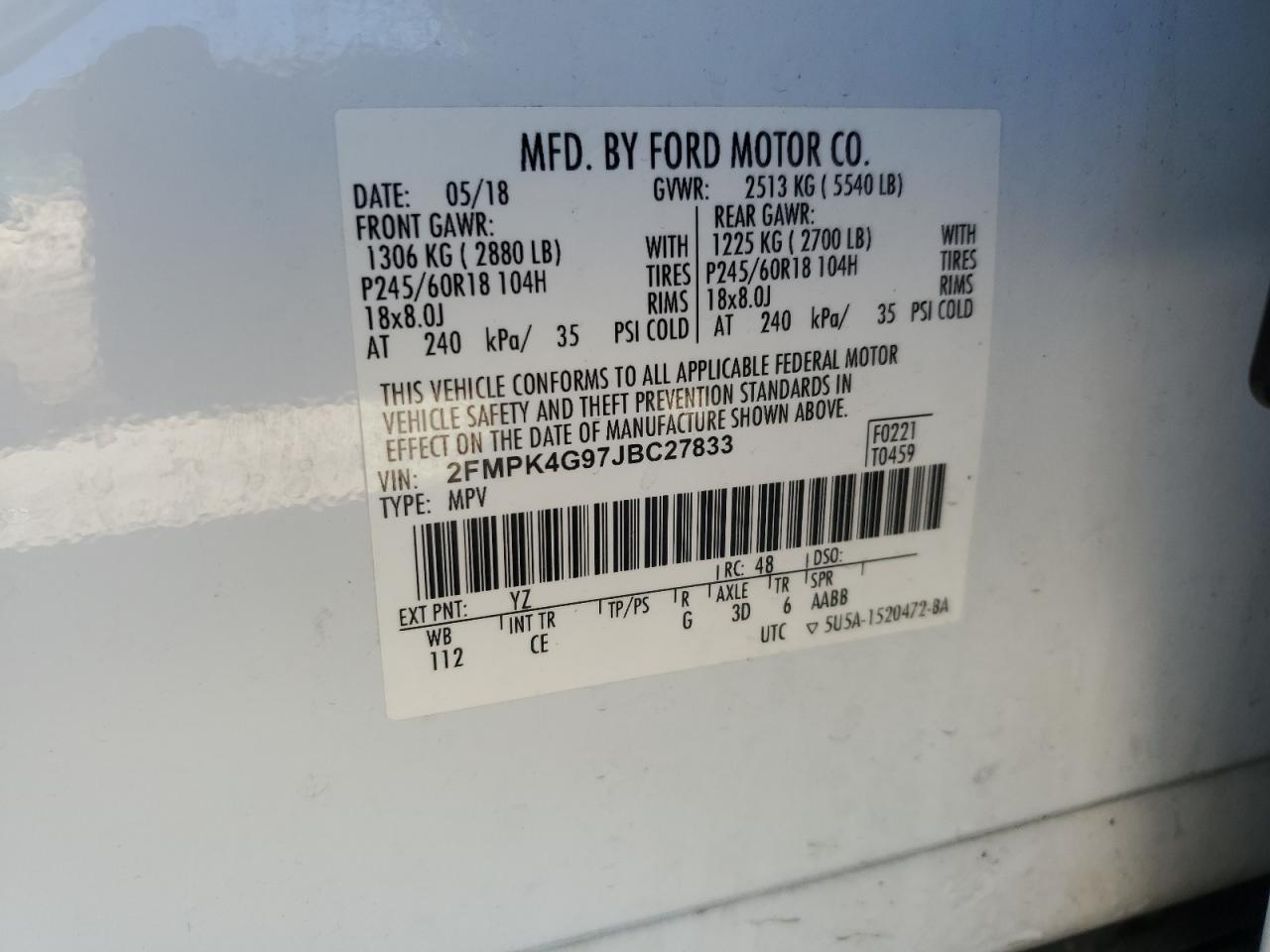 2018 Ford Edge Se VIN: 2FMPK4G97JBC27833 Lot: 82621605