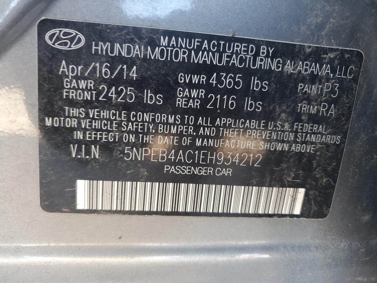 2014 Hyundai Sonata Gls VIN: 5NPEB4AC1EH934212 Lot: 82530245