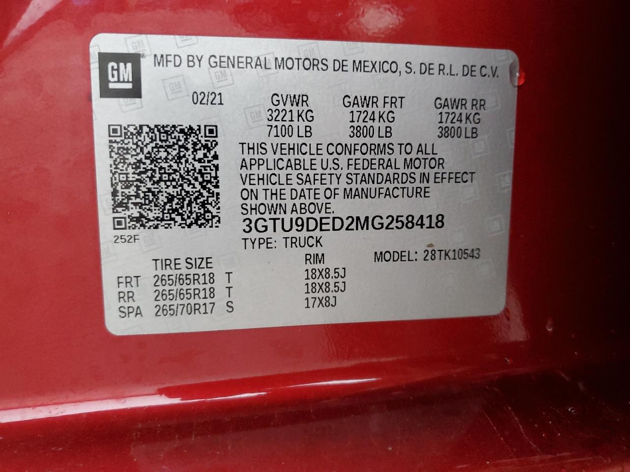 2021 GMC Sierra K1500 Slt VIN: 3GTU9DED2MG258418 Lot: 84936585