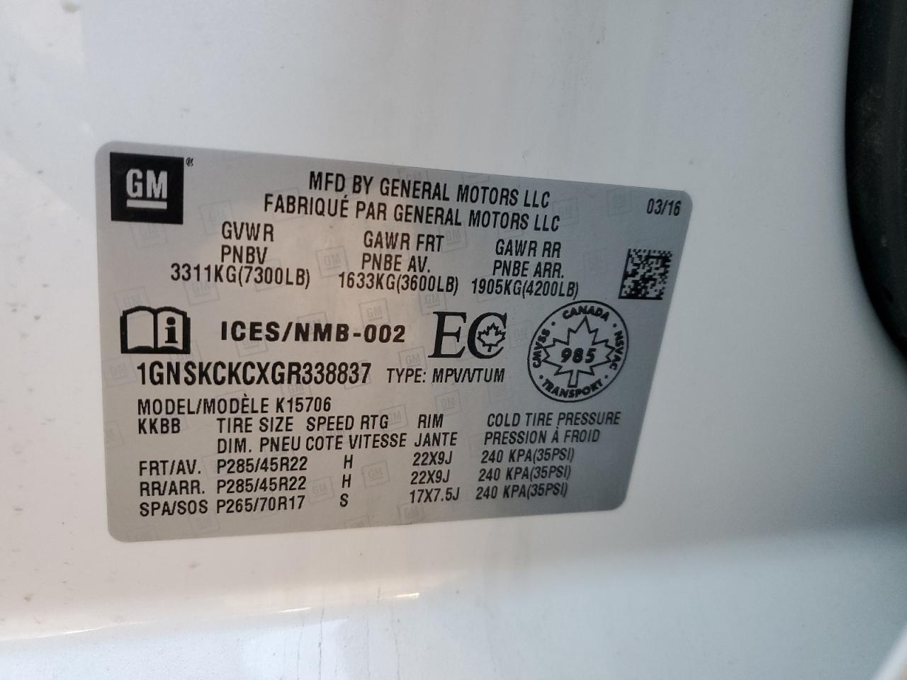 2016 Chevrolet Tahoe K1500 Ltz VIN: 1GNSKCKCXGR338837 Lot: 85187095