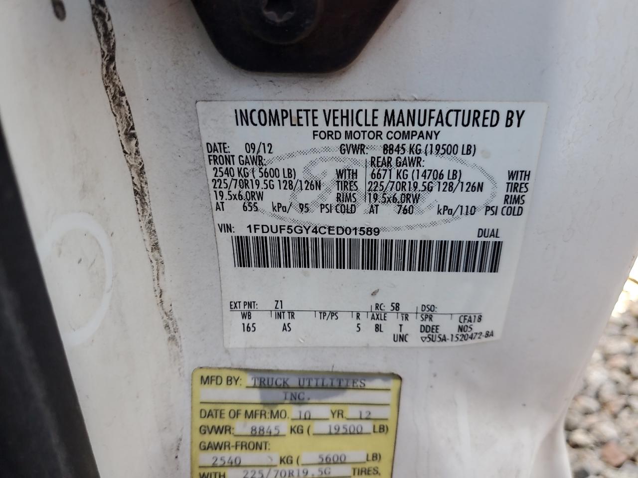 2012 Ford F550 Super Duty VIN: 1FDUF5GY4CED01589 Lot: 85081545