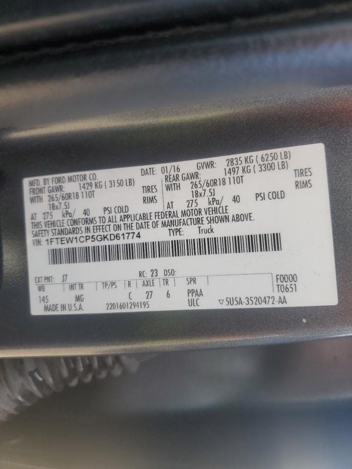 2016 Ford F150 Supercrew VIN: 1FTEW1CP5GKD61774 Lot: 84478965