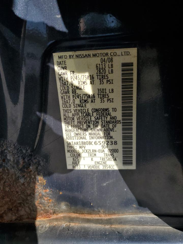 2008 Nissan Pathfinder S VIN: 5N1AR18B08C659238 Lot: 84810135