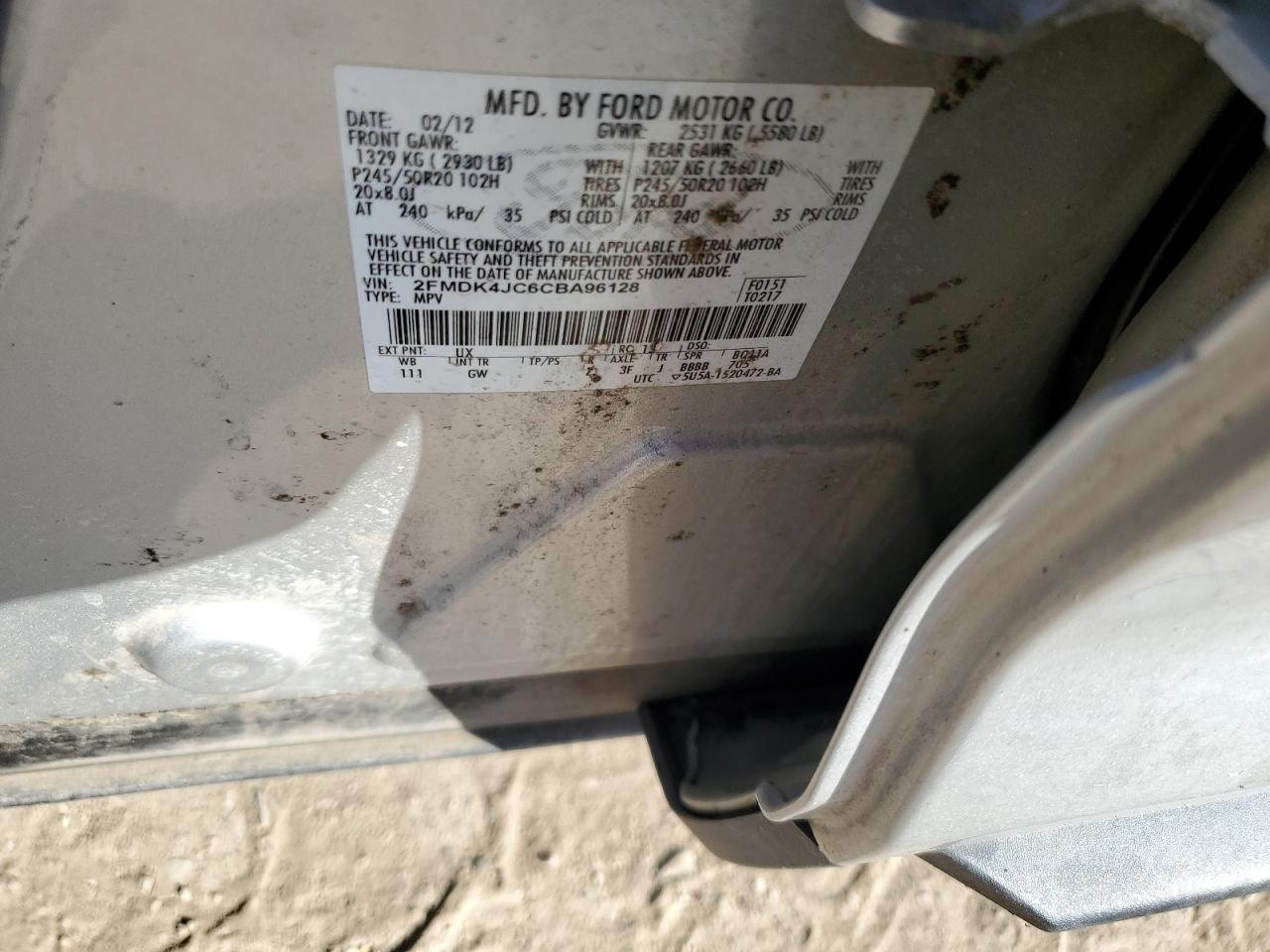 2012 Ford Edge Sel VIN: 2FMDK4JC6CBA96128 Lot: 86627385