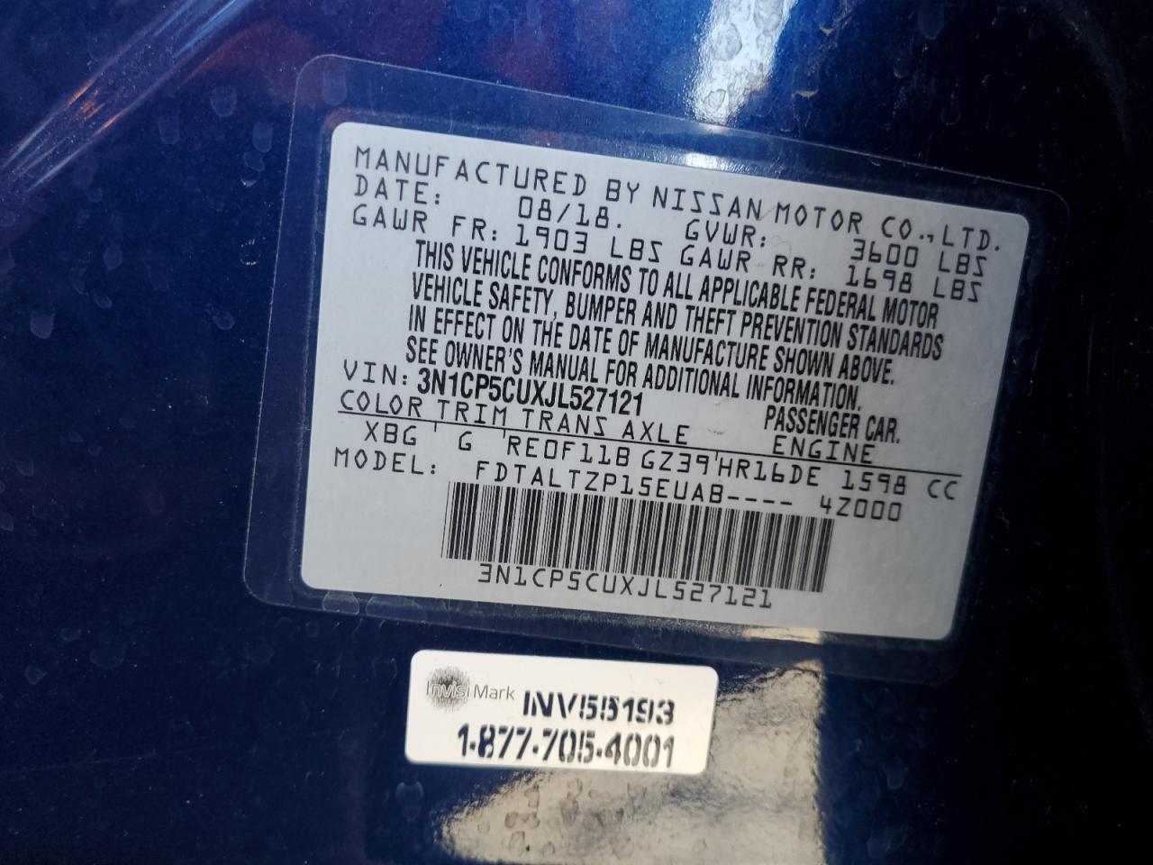 2018 Nissan Kicks S VIN: 3N1CP5CUXJL527121 Lot: 82233925