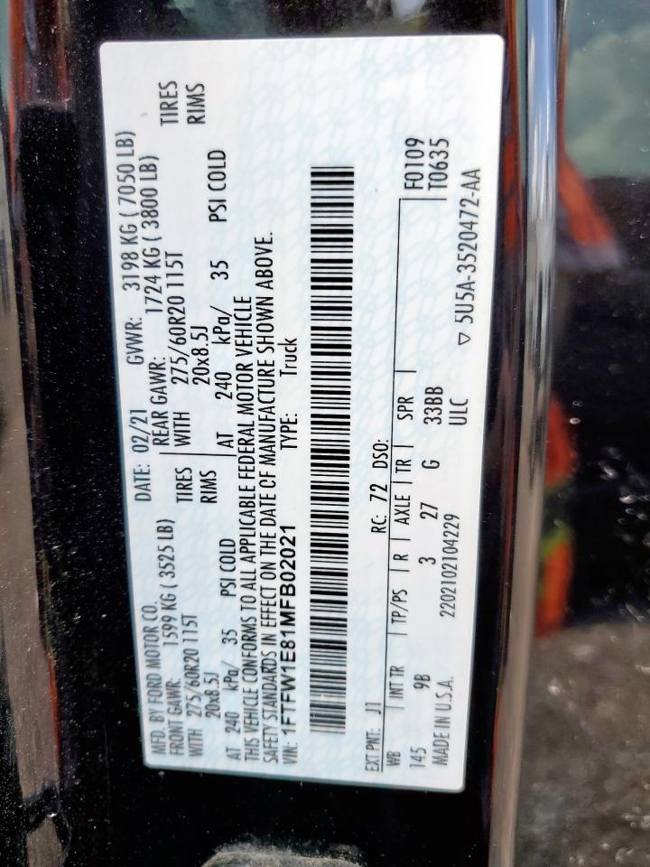 2021 Ford F150 Supercrew VIN: 1FTFW1E81MFB02021 Lot: 85009465