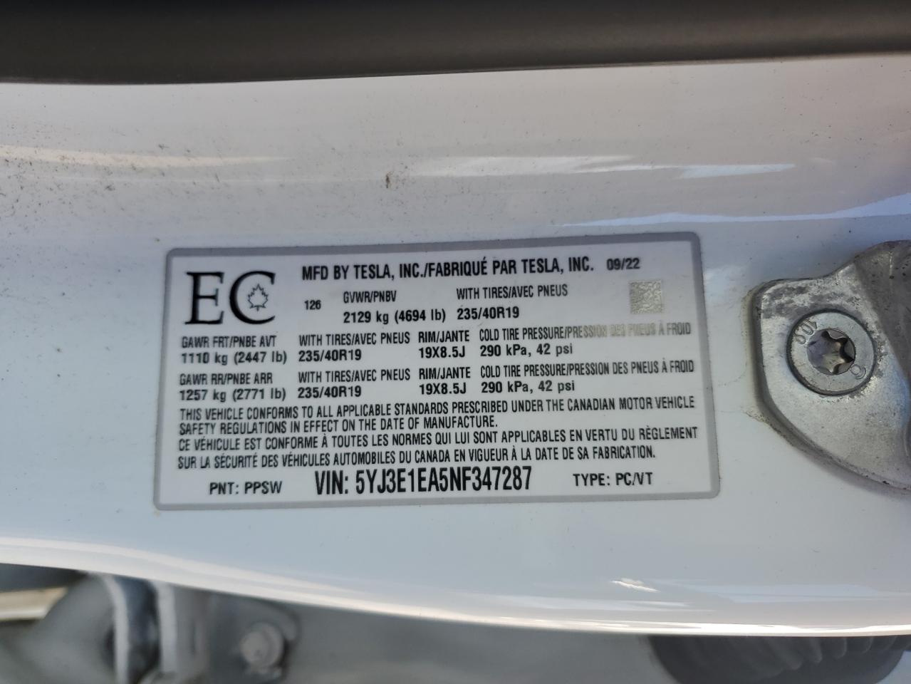 2022 Tesla Model 3 VIN: 5YJ3E1EA5NF347287 Lot: 85938795