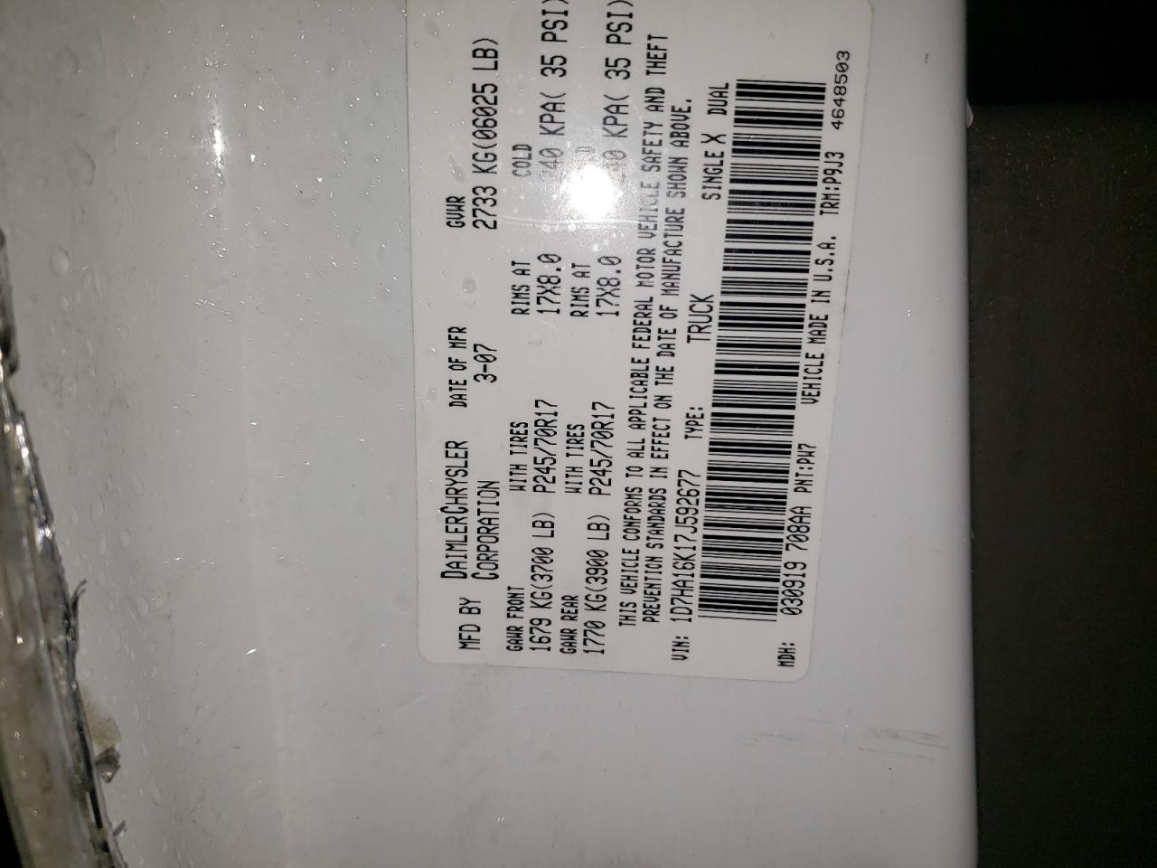 2007 Dodge Ram 1500 St VIN: 1D7HA16K17J592677 Lot: 86541065