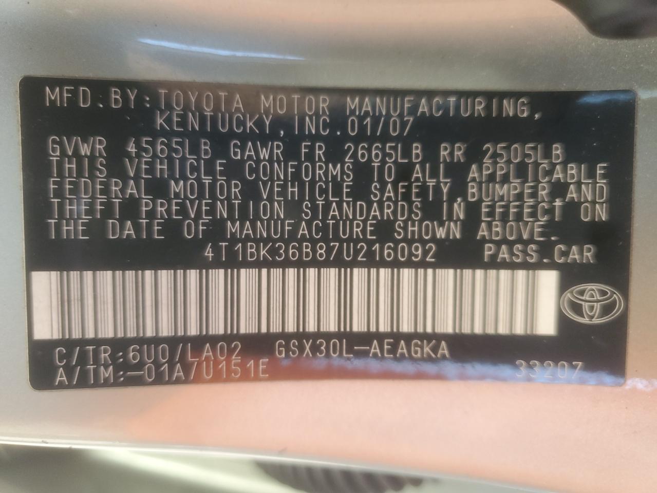 2007 Toyota Avalon Xl VIN: 4T1BK36B87U216092 Lot: 82216915