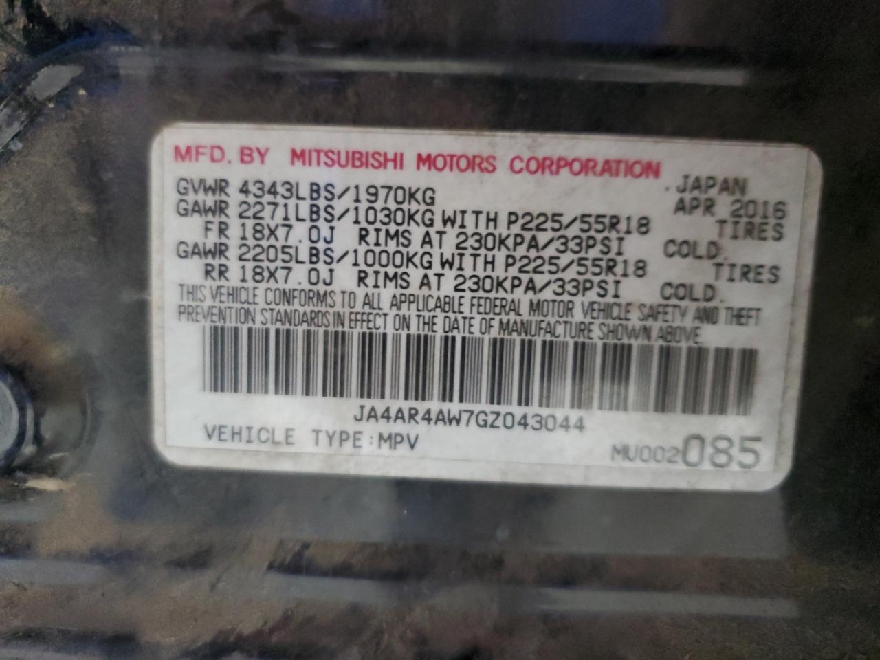 2016 Mitsubishi Outlander Sport Sel VIN: JA4AR4AW7GZ043044 Lot: 85651035