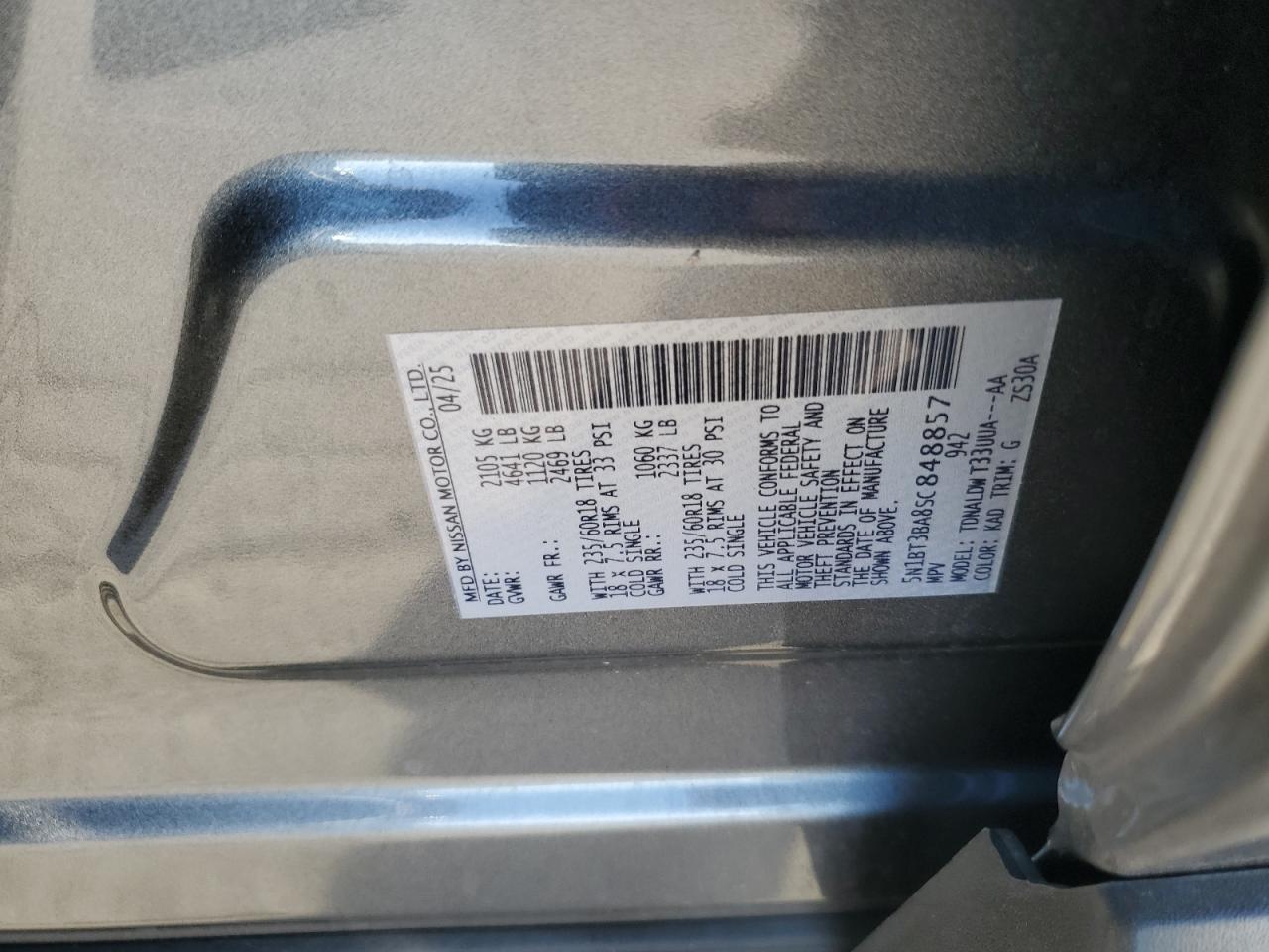 2025 Nissan Rogue Sv VIN: 5N1BT3BA8SC848857 Lot: 85867245