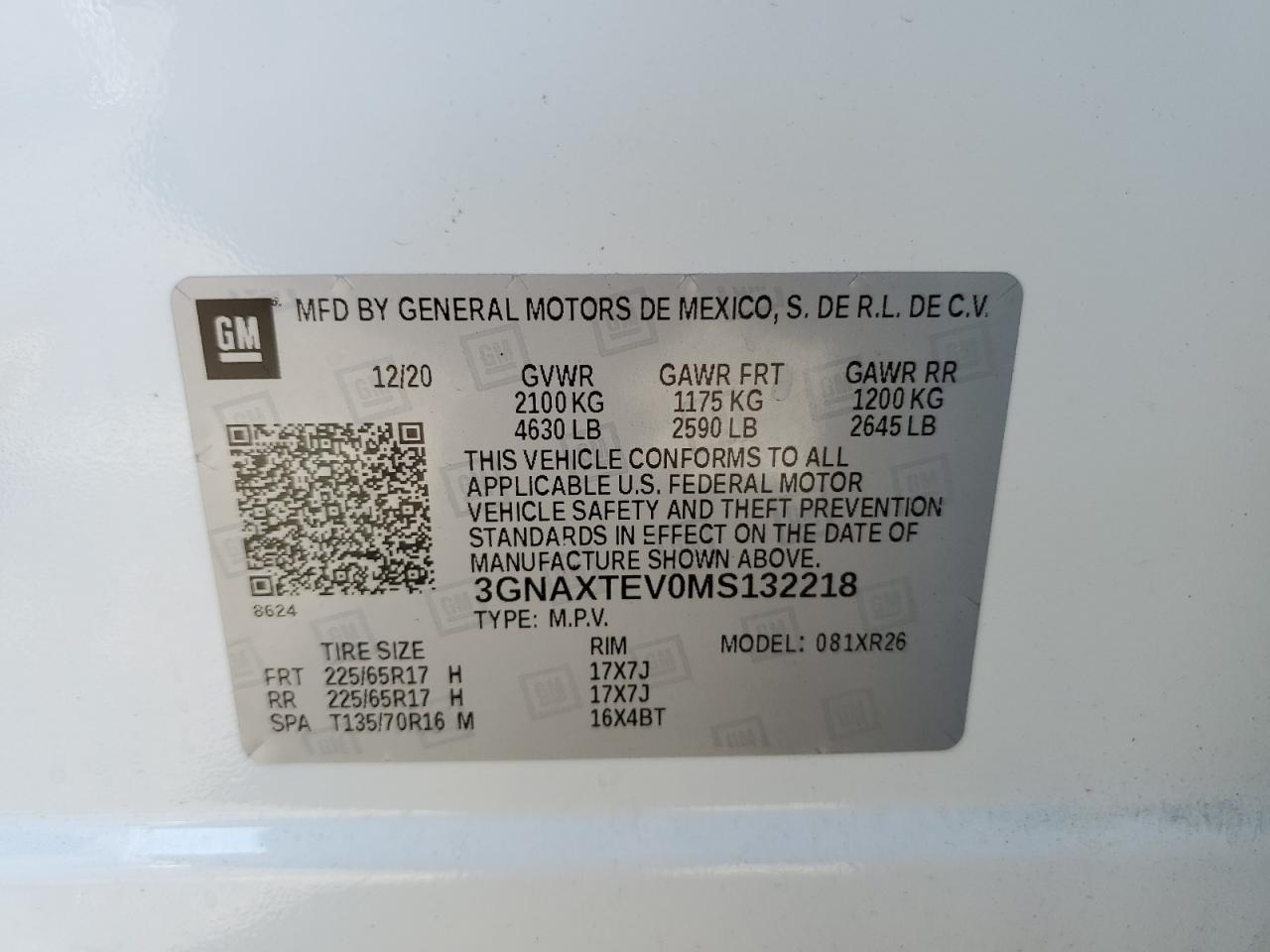 2021 Chevrolet Equinox Lt VIN: 3GNAXTEV0MS132218 Lot: 85869475
