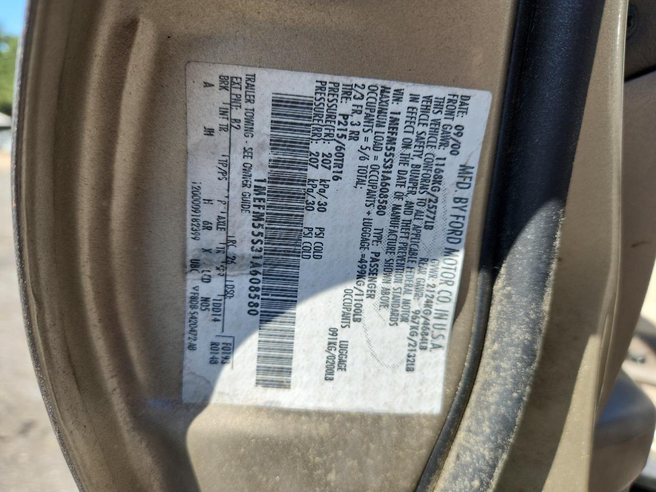 2001 Mercury Sable Ls Premium VIN: 1MEFM55S31A608580 Lot: 85075685