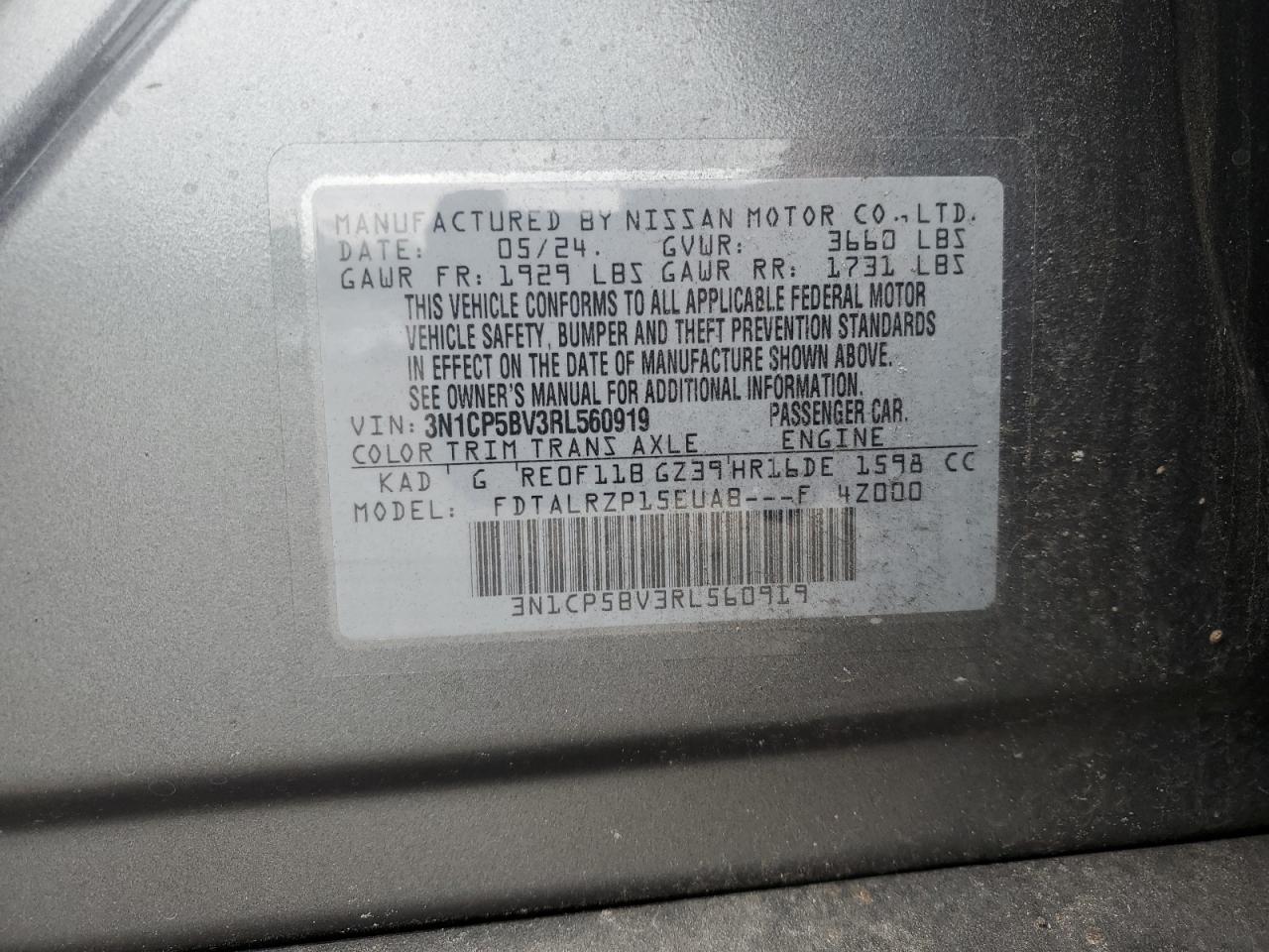 2024 Nissan Kicks S VIN: 3N1CP5BV3RL560919 Lot: 82341405