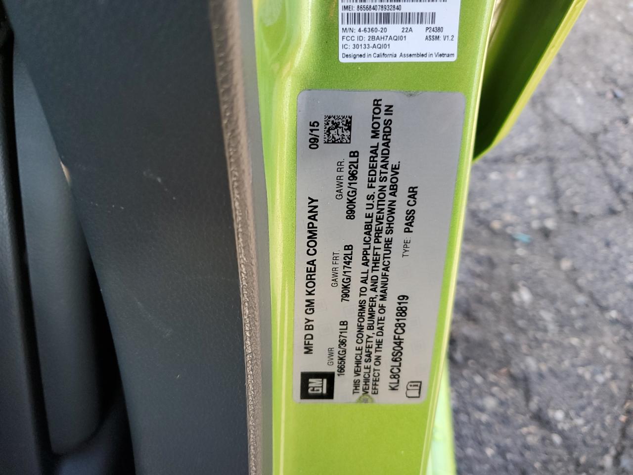 2015 Chevrolet Spark Ev 2Lt VIN: KL8CL6S04FC818819 Lot: 90335665