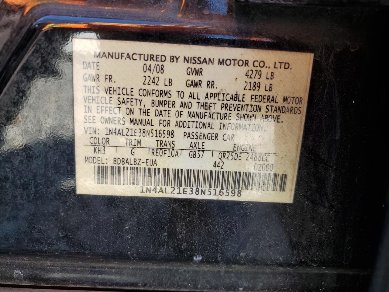 2008 Nissan Altima 2.5 VIN: 1N4AL21E38N516598 Lot: 82446115