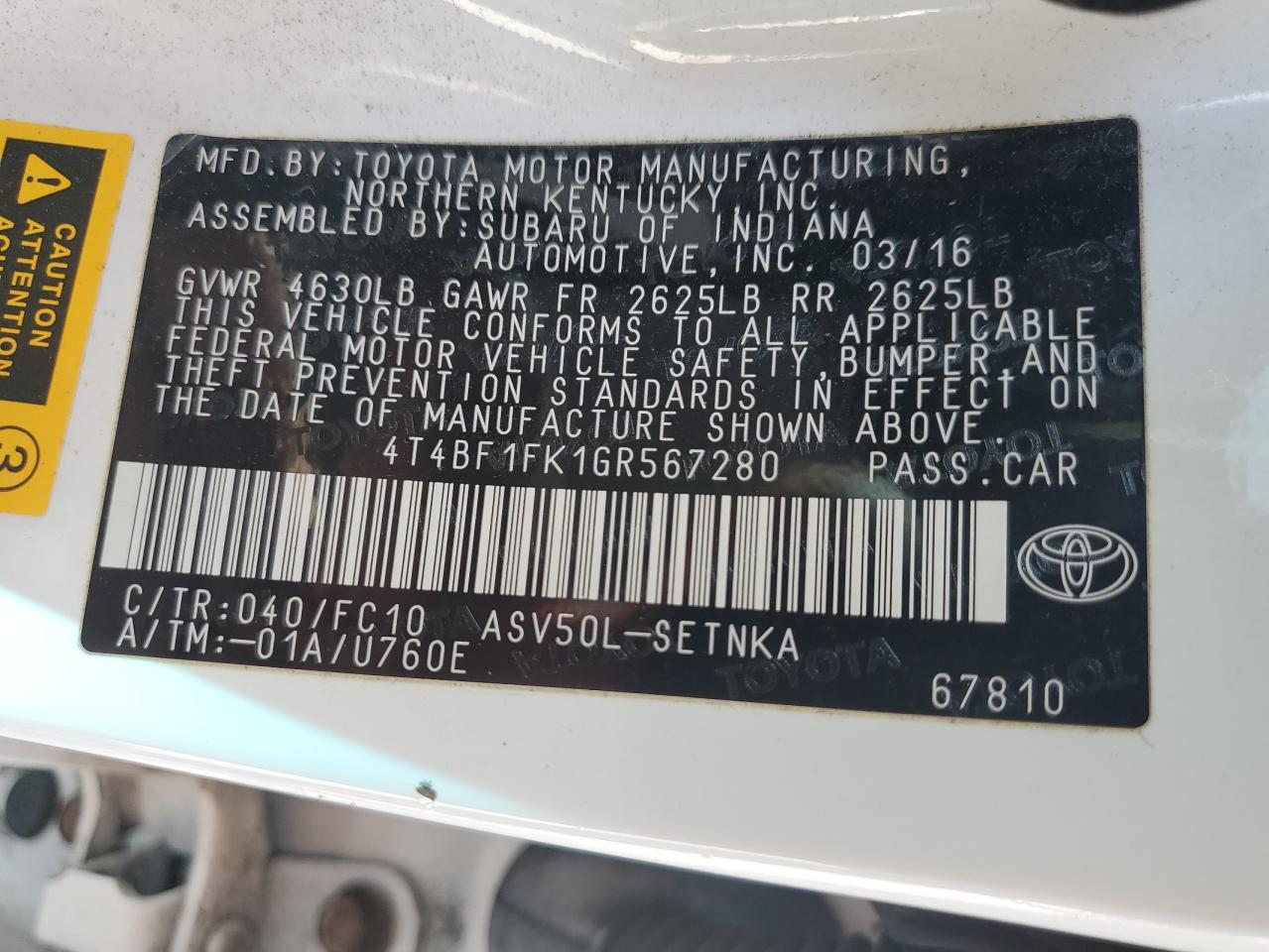 2016 Toyota Camry Le VIN: 4T4BF1FK1GR567280 Lot: 85262995