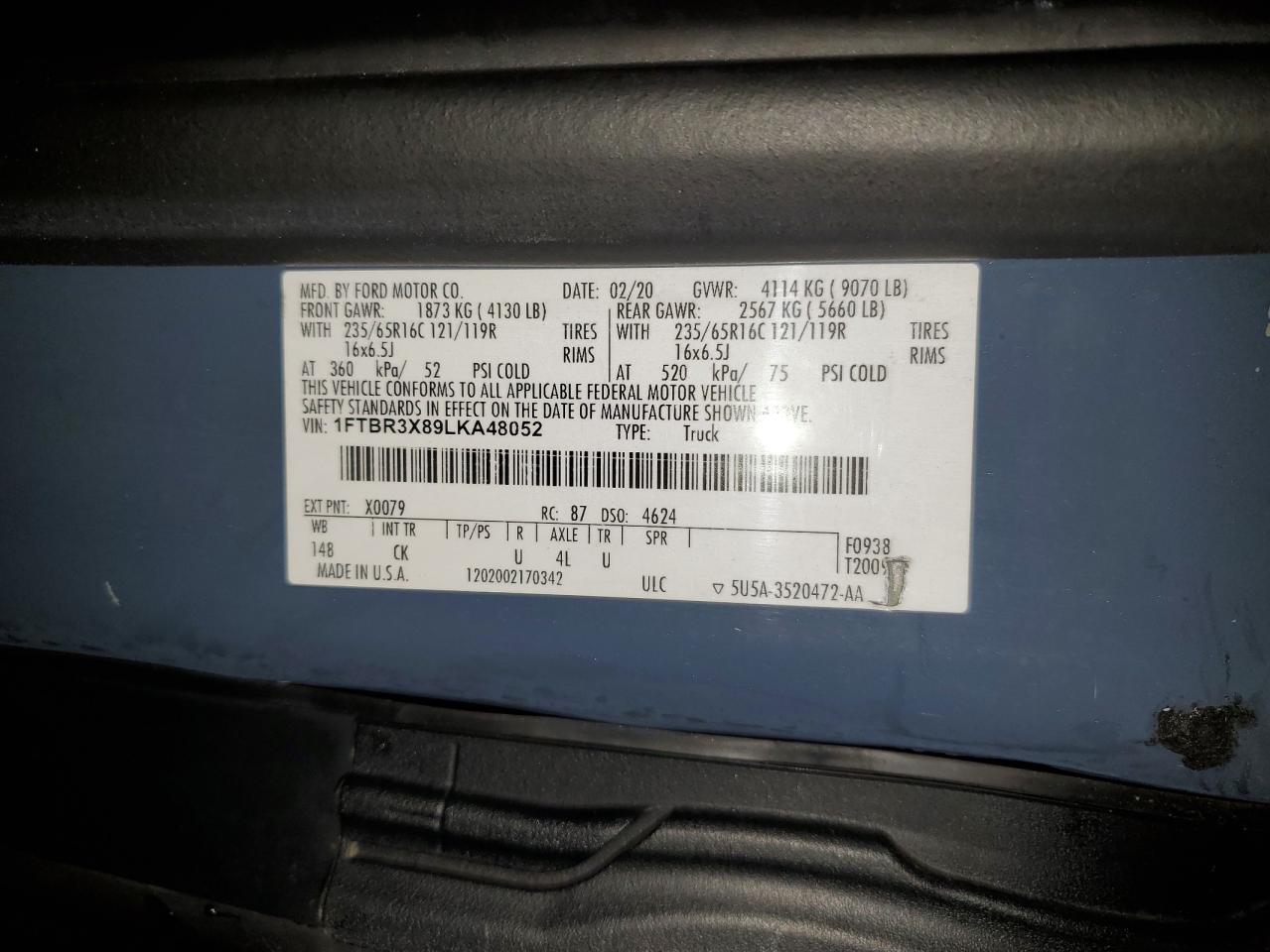 2020 Ford Transit Delivery Van VIN: 1FTBR3X89LKA48052 Lot: 87101305