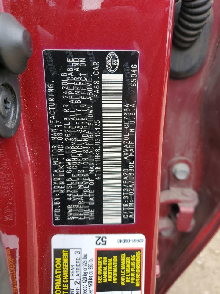 2018 Toyota Camry L VIN: 4T1B11HK8JU515125 Lot: 82279835