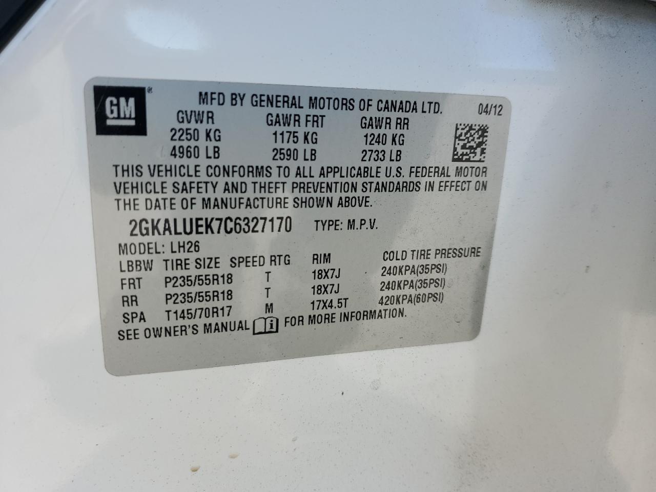 2012 GMC Terrain Slt VIN: 2GKALUEK7C6327170 Lot: 82697885