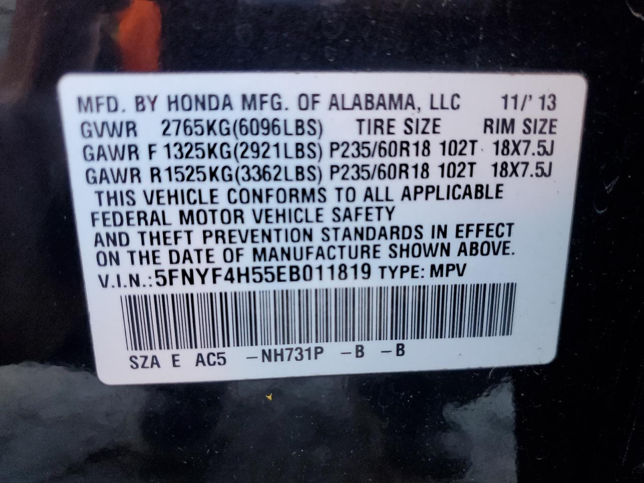 2014 Honda Pilot Exl VIN: 5FNYF4H55EB011819 Lot: 85920215