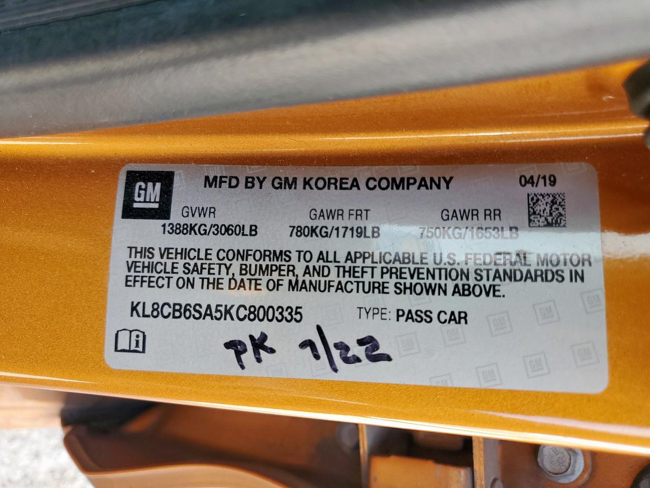 2019 Chevrolet Spark Ls VIN: KL8CB6SA5KC800335 Lot: 81913905